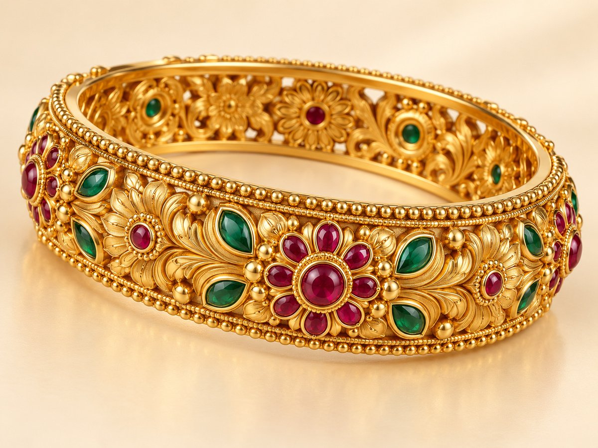 Carved 22k gold kada
