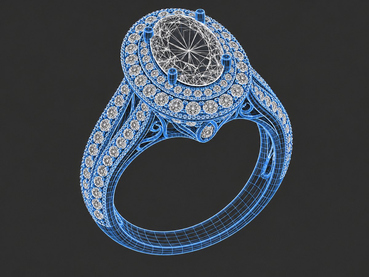 CAD wireframe of a double-halo engagement ring